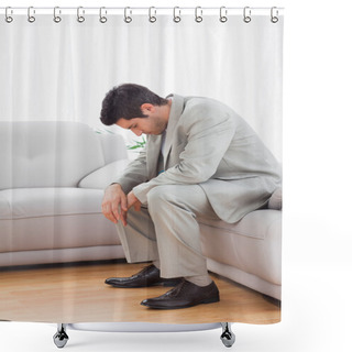 Personality  Troubled Buinessman Sitting On Sofa Lowering His Head Shower Curtains