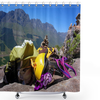 Personality  Climbing Gear On Rocks Shower Curtains