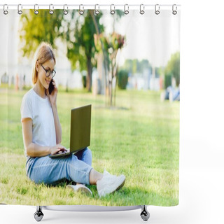 Personality  Beautiful Woman Working With Laptop In The Park On The Grass. The Concept Of Remote Work Shower Curtains