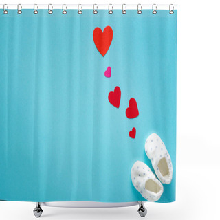 Personality  Top View Of Baby Booties With Paper Hearts On Blue Background, Concept Of Mothers Day  Shower Curtains