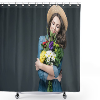 Personality  Beautiful Happy Woman With Closed Eyes Holding Flowers For 8 March, Isolated On Grey Shower Curtains