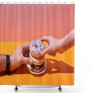 Personality  Cropped View Of Woman And Man Taking Tasty Donuts On Saucer On Yellow Desk And Pink Background Shower Curtains