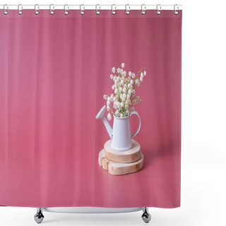 Personality  Spring, Mother's Day Or March 8 Still Life Composition With Lilies Of The Valley Bouquet In A Decorative Watering Can On A Magenta Background Shower Curtains
