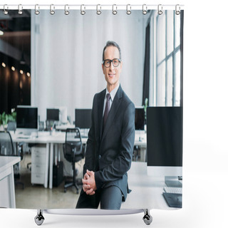 Personality  Smiling Businessman In Eyeglasses Sitting On Table In Office  Shower Curtains