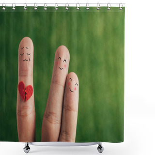 Personality  Cropped View Of Fingers As Happy Couple And Person With Broken Heart On Green Shower Curtains