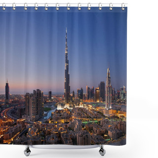 Personality  A Skyline Of Downtown Dubai With Burj Khalifa And Dubai Fountain Shower Curtains