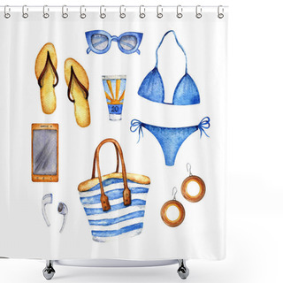 Personality  Watercolor Summer Collection. Hand Painted Isolated Elements. Girls's Clothes And Gadgets For Seaside Beach Rest.  Shower Curtains