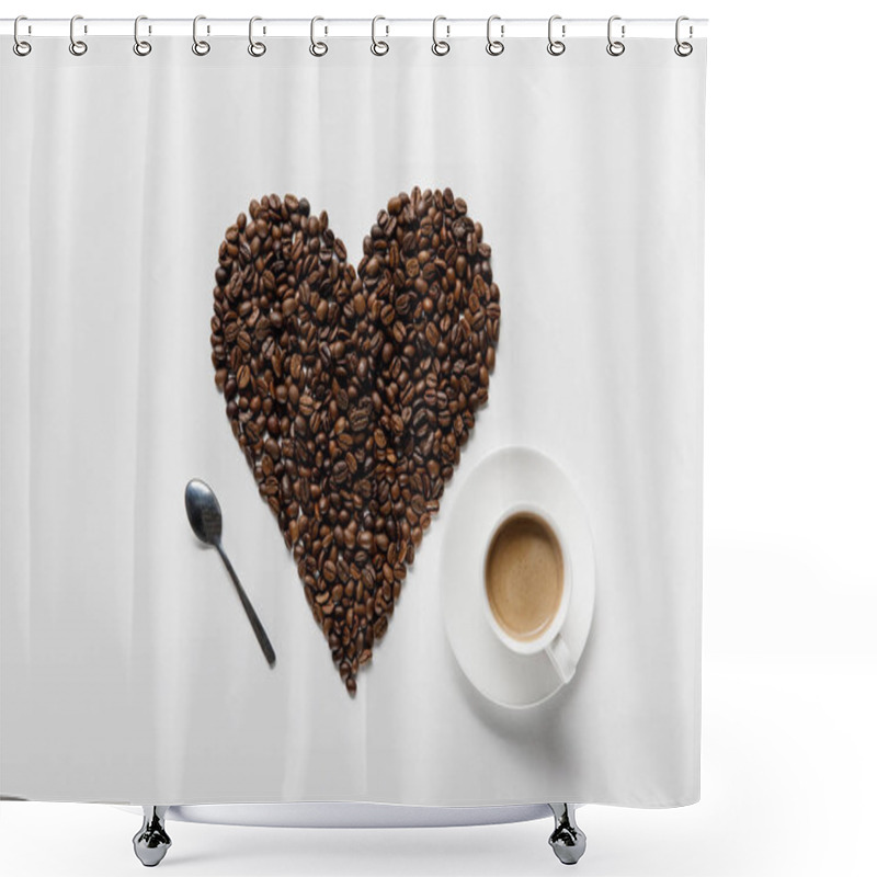 Personality  Top View Of Coffee In Cup On Saucer With Heart Made Of Coffee Grains And Spoon On White Background Shower Curtains