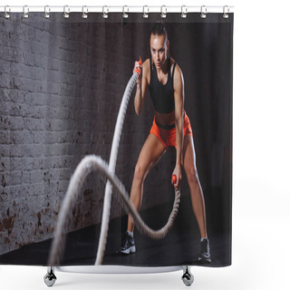 Personality  Battle Ropes Session. Attractive Young Fit And Toned Sportswoman Training In Gym Shower Curtains