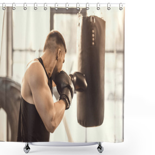 Personality  Side View Of Muscular Young Boxer Training With Punching Bag Shower Curtains