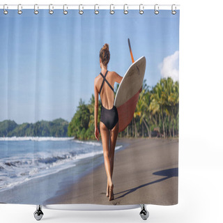 Personality  Back View Of Young Surfer Walking With Surfboard On Beach Shower Curtains