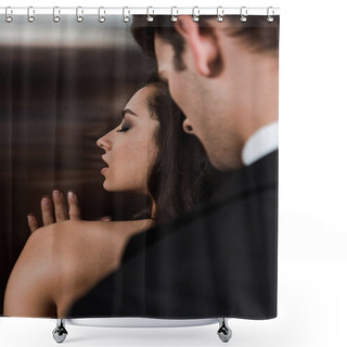 Personality  Passionate Man Hugging Attractive Sexy Woman From Back In Lift Shower Curtains