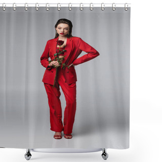 Personality  Full Length Of Young Woman In Trendy Red Suit Holding Rose While Standing With Hand On Hip On Dark Grey Shower Curtains