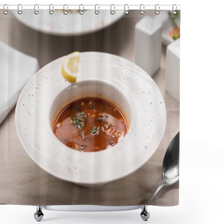 Personality  Traditional Ukrainian Borscht. Red Beetroot Borscht In Plate. Ukraine Food Concept Shower Curtains