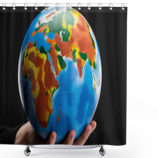 Personality  Cropped View Of Globe In Female Hand Isolated On Black, Global Warming Concept Shower Curtains