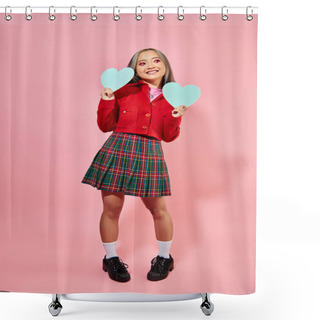 Personality  Valentines Day, Happy Asian Woman With Red Eye Makeup Holding Blue Carton Hearts On Pink Backdrop Shower Curtains