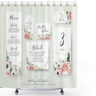 Personality  Wedding Menu, Information, Label, Table Number And Place Card Design With Elegant Lavender Pink Garden Rose, Anemone, Wax Flowers Eucalyptus Branches, Leaves & Cute Golden Pattern. Vector Template Set Shower Curtains