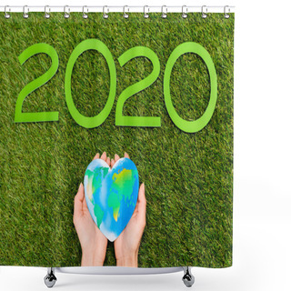 Personality  Cropped View Of 2020 Digits And Globe In Female Hands On Green, Earth Day Concept Shower Curtains