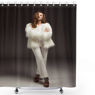 Personality  Stylish Woman Standing With Crossed Hands On Gray  Shower Curtains