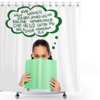 Personality  African American Schoolgirl Looking At Camera While Holding Book Near Face Isolated On White, Illustrated Speech Bubble With Languages Shower Curtains