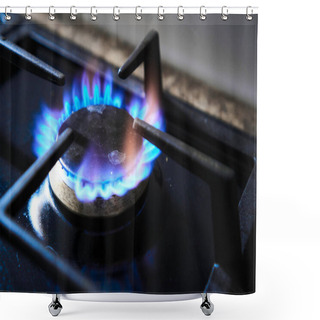 Personality  Kitchen Stove With Burner Fuelled By Combustible Cheap Low Quality Natural Gas Or Syngas, Propane, Butane. Reddish Flame From Poor Gas Hob Produce Greenhouse Gas Emissions. Wastage Natural Resources Shower Curtains