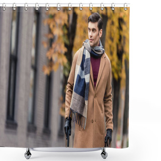 Personality  Handsome Stylish Man In Coat With Umbrella Walking By Autumnal Street Shower Curtains