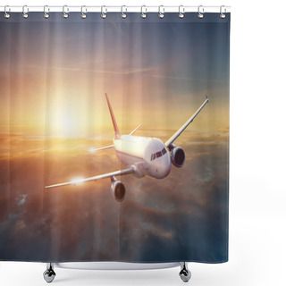 Personality  Airplane In The Sky At Sunset Shower Curtains