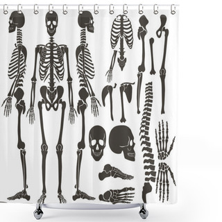 Personality  Human Bones Skeleton Dark Black Silhouette Collection. High Detailed Vector Set Of Bones Illustration. Shower Curtains