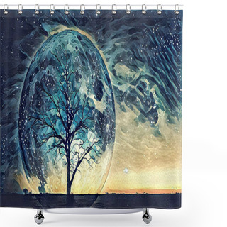 Personality  Fantasy Landscape Illustration Artwork - Lonely Bare Tree Silhouette With Huge Planet Rising Behind It And Galaxy In The Sky. Shower Curtains