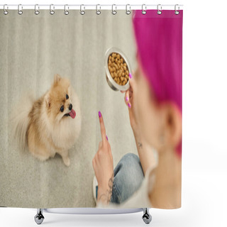 Personality  High Angle View Of Pet Hotel Worker With Bowl Of Dry Food Giving Sit Command To Pomeranian Spitz Shower Curtains