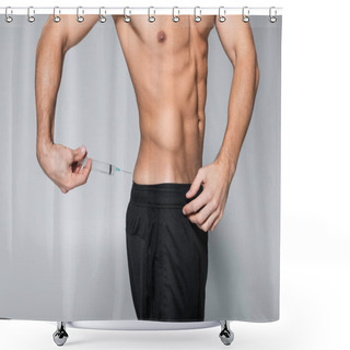 Personality  Cropped View Of Shirtless And Muscular Sportsman Injecting Himself With Steroids On Grey Shower Curtains