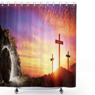 Personality  Resurrection - Tomb Empty With Crucifixion At Sunrise Shower Curtains