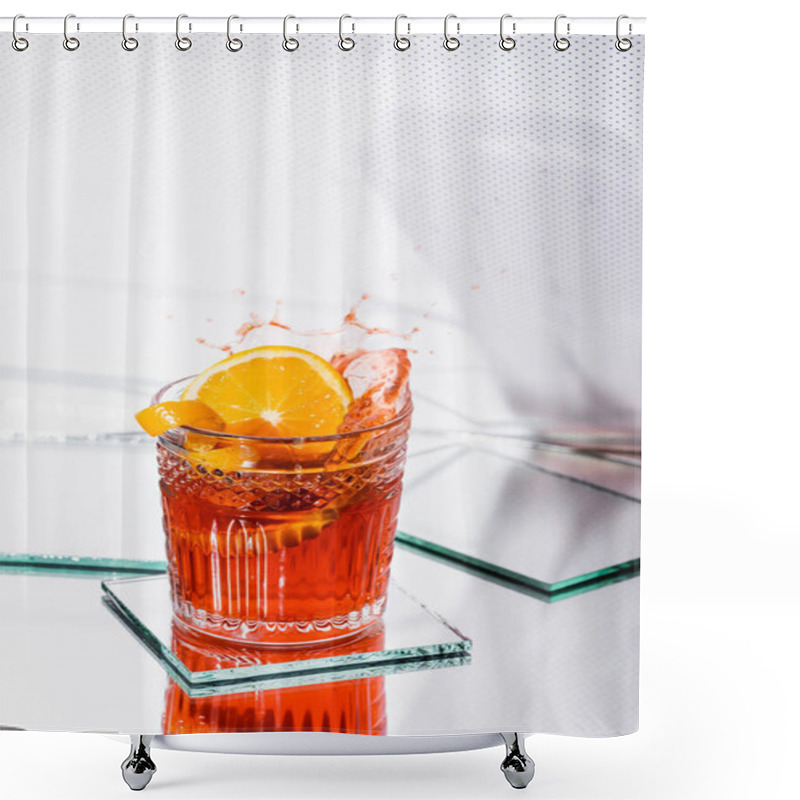 Personality  Orange Peel In Glass With Splashed Alcohol Cocktail On White Shower Curtains