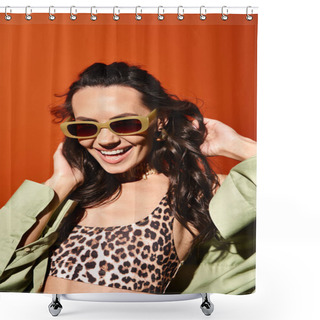Personality  A Stylish Woman In A Leopard Print Bikini Top And Sunglasses Poses In A Summertime Fashion Shoot Against An Orange Backdrop. Shower Curtains