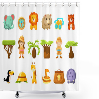 Personality  Safari Big Set, Kids And Funny African Animals, Birds, Trees Vector Illustration Shower Curtains