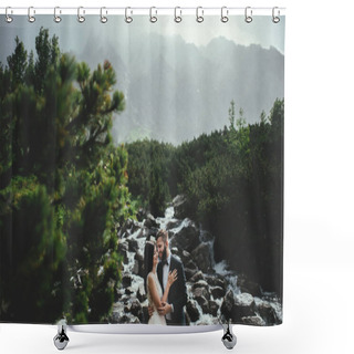 Personality  Newlyweds Hugging Near Cold Waterfall  Shower Curtains