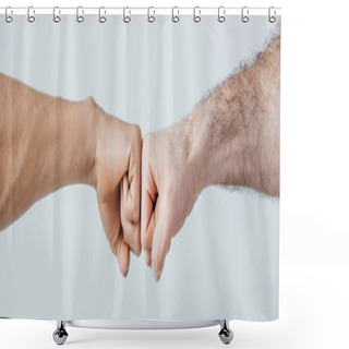 Personality  Cropped View Of Men Doing Fist Bump Isolated On Grey, Panoramic Shot Shower Curtains