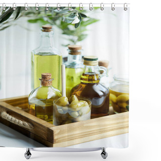 Personality  Glass With Spoon And Olives, Jar, Various Bottles Of Aromatic Olive Oil With And Branches On Wooden Tray Shower Curtains