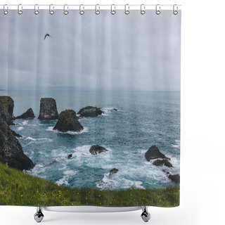 Personality  Dramatic Shot Of Rocks In Blue Ocean In Arnarstapi, Iceland With Green Meadow On Background Shower Curtains