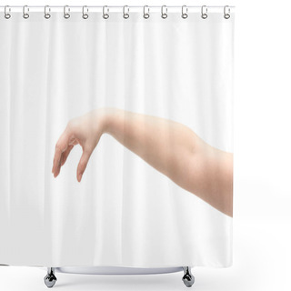 Personality  Cropped View Of Woman Showing Hold Gesture Isolated On White Shower Curtains