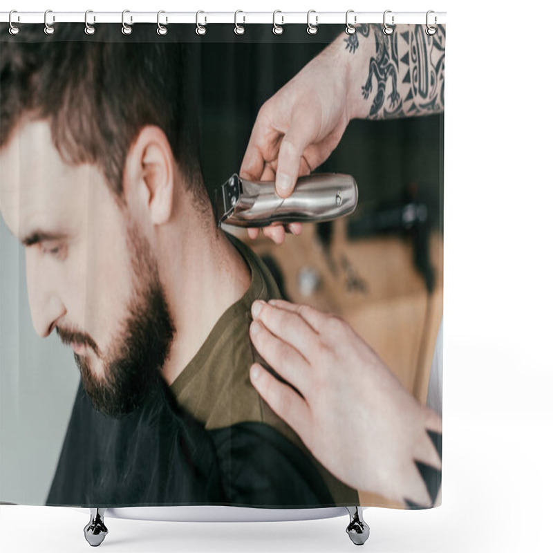Personality  Cropped Image Of Barber Shaving Customer Hair At Barbershop Shower Curtains