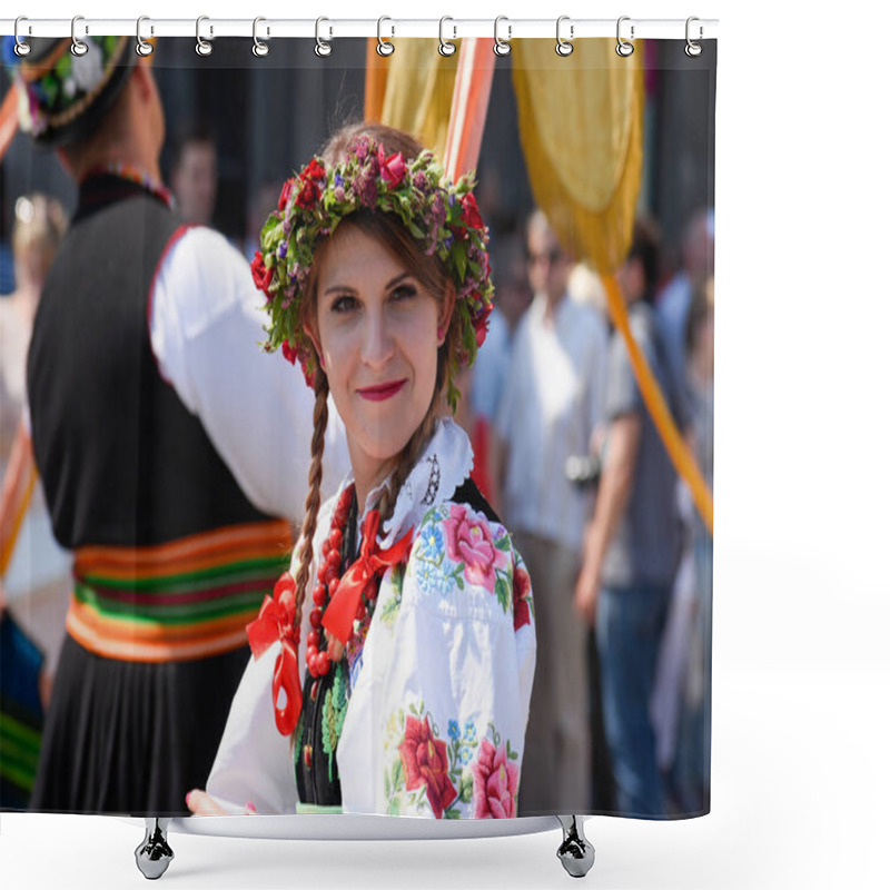 Personality  Lowicz / Poland - May 31.2018: Portrait Of A Woman Dressed In A Colorful Folklore, Regional Costume With Flower Wreath On The Head During Corpus Christi Celebration. Shower Curtains