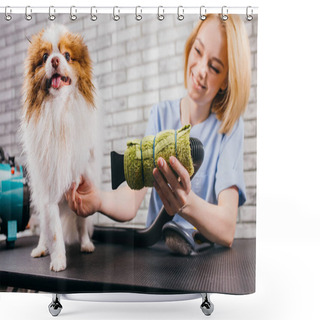 Personality  Professional Groomer Handle With Pet Spitz In Salon Shower Curtains