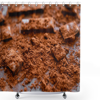 Personality  Close Up View Of Natural Dry Cocoa And Chocolate On Black Background  Shower Curtains