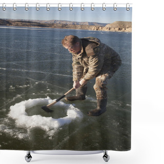 Personality  Man In Camo Chopping Hold In Ice With Axe Down Shower Curtains