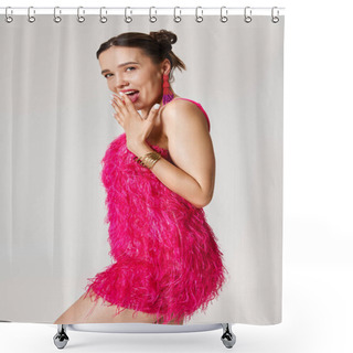 Personality  Bright Young Lady In Chic Pink Dress Smiles With Excitement With Her Hand Covering Lips Shower Curtains