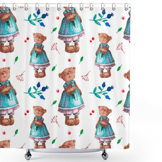 Personality  Pattern With Watercolor Cute Teddy Bears. Shower Curtains