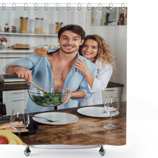 Personality  Happy Couple Embracing While Cooking Salad Together In Kitchen Shower Curtains