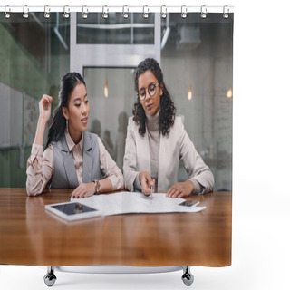Personality  Multiethnic Businesswomen Working With Documents And Digital Tablet In Office  Shower Curtains