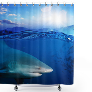 Personality  Separated Image Water Surface In Sunlight And Angry Shark Underw Shower Curtains